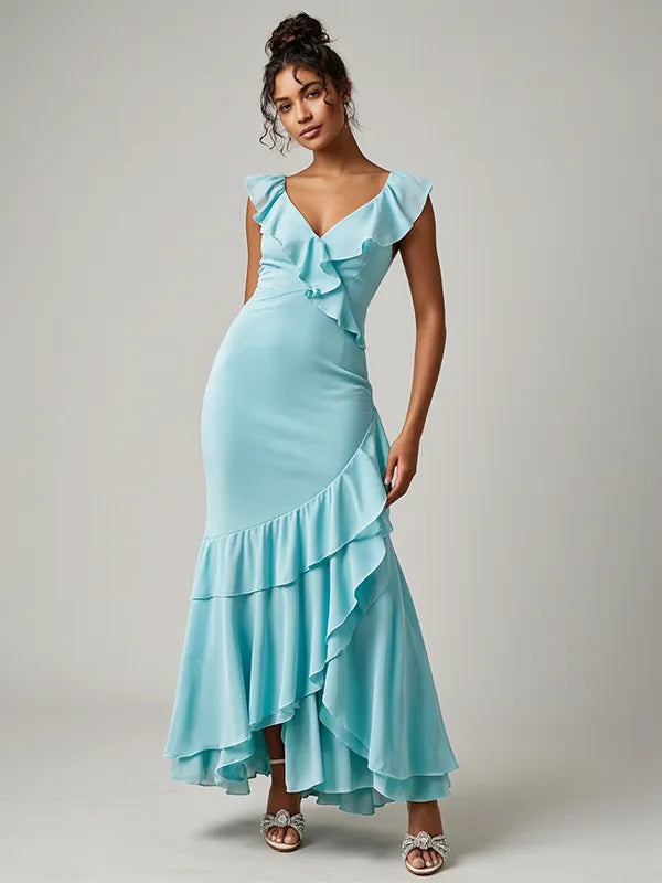 Party Dress Turquoise V-Neck Ruffle Maxi Dress - VelvetHem