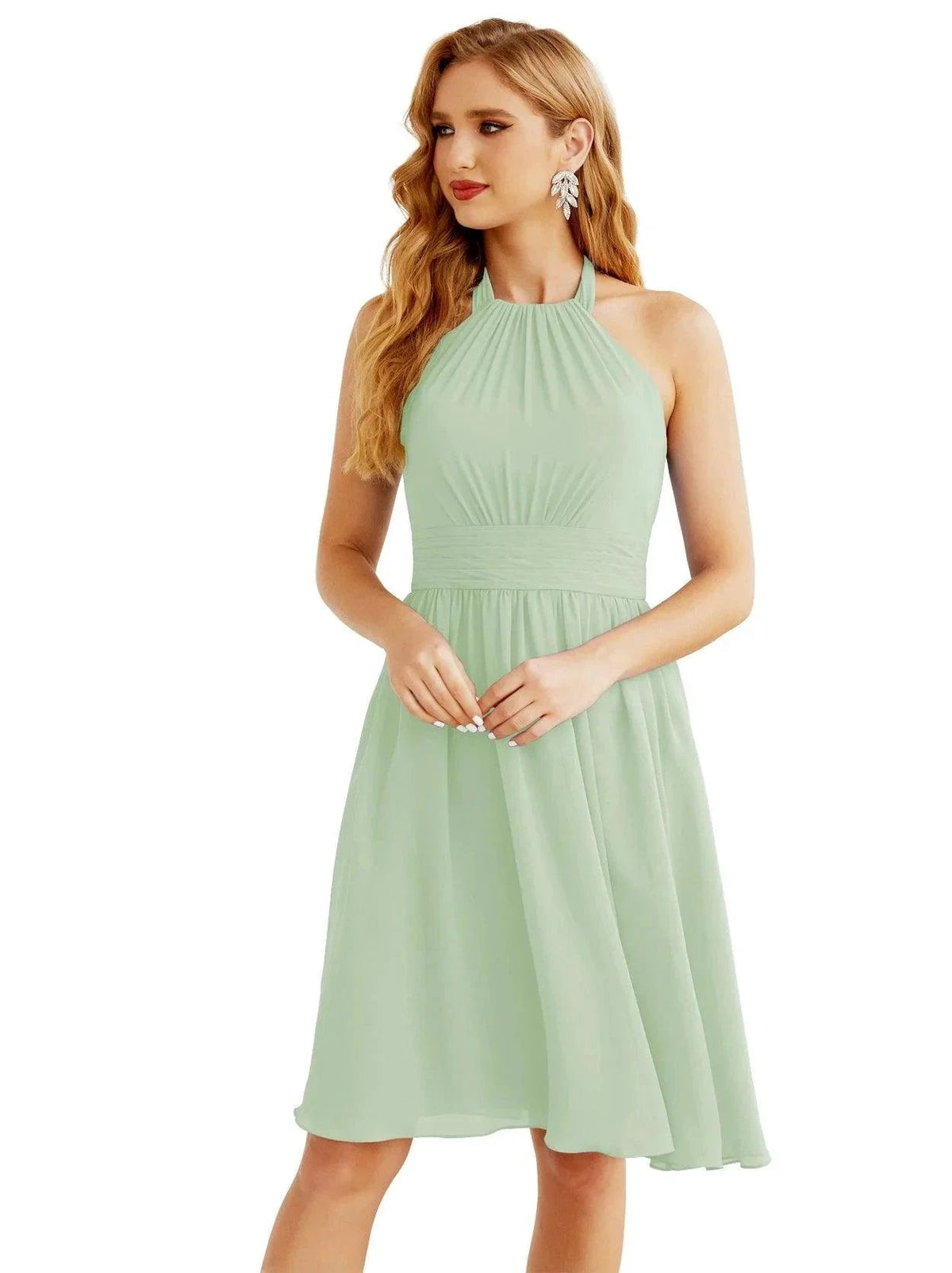 ZapDress Halter Chiffon Bridesmaid Dresses Short Sleeveless Formal Party Dress Open Back 28023 (ZD16957)