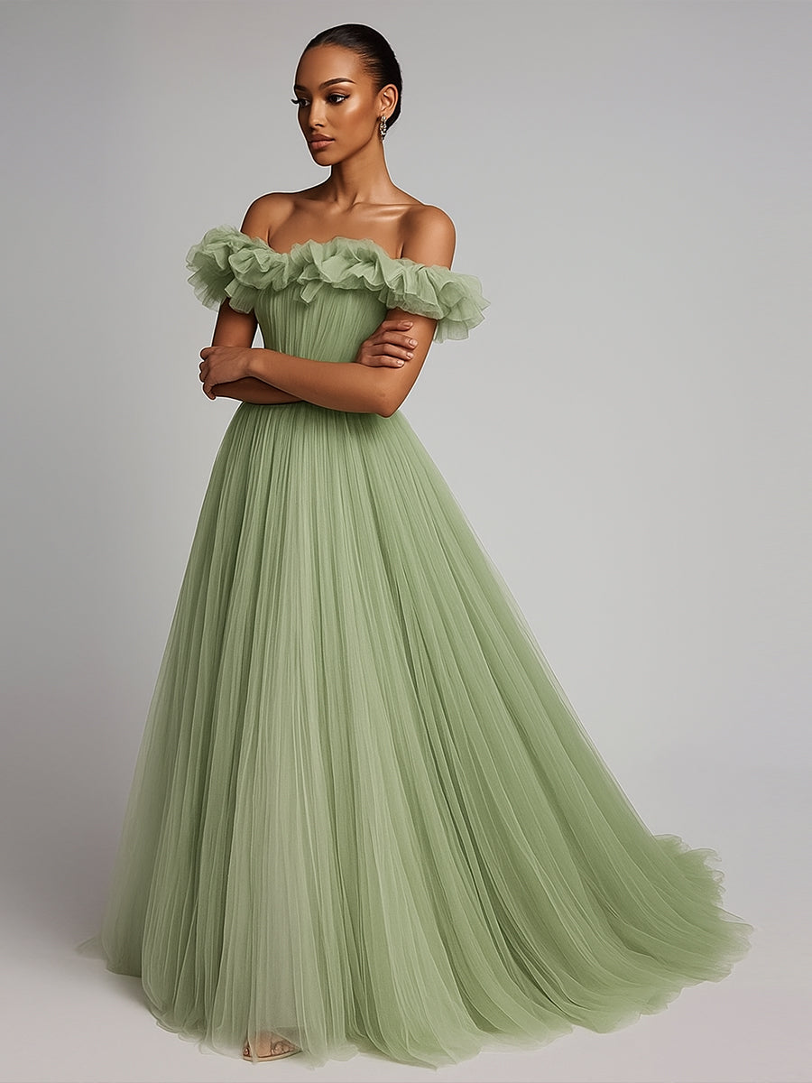 Pleated Tulle A Line Long Formal Dress with Ruffles - VelvetHem