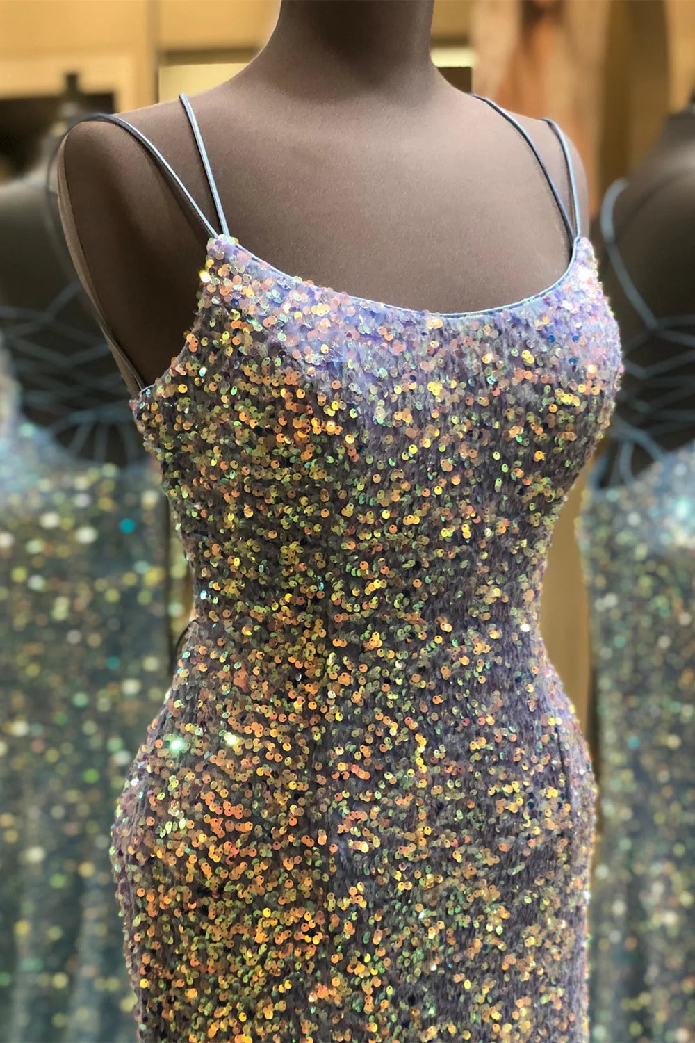 Sparkly Mermaid Spaghetti Straps Blue Sequins Long Prom Dress with Criss Cross Back - View 2 | VelvetHem
