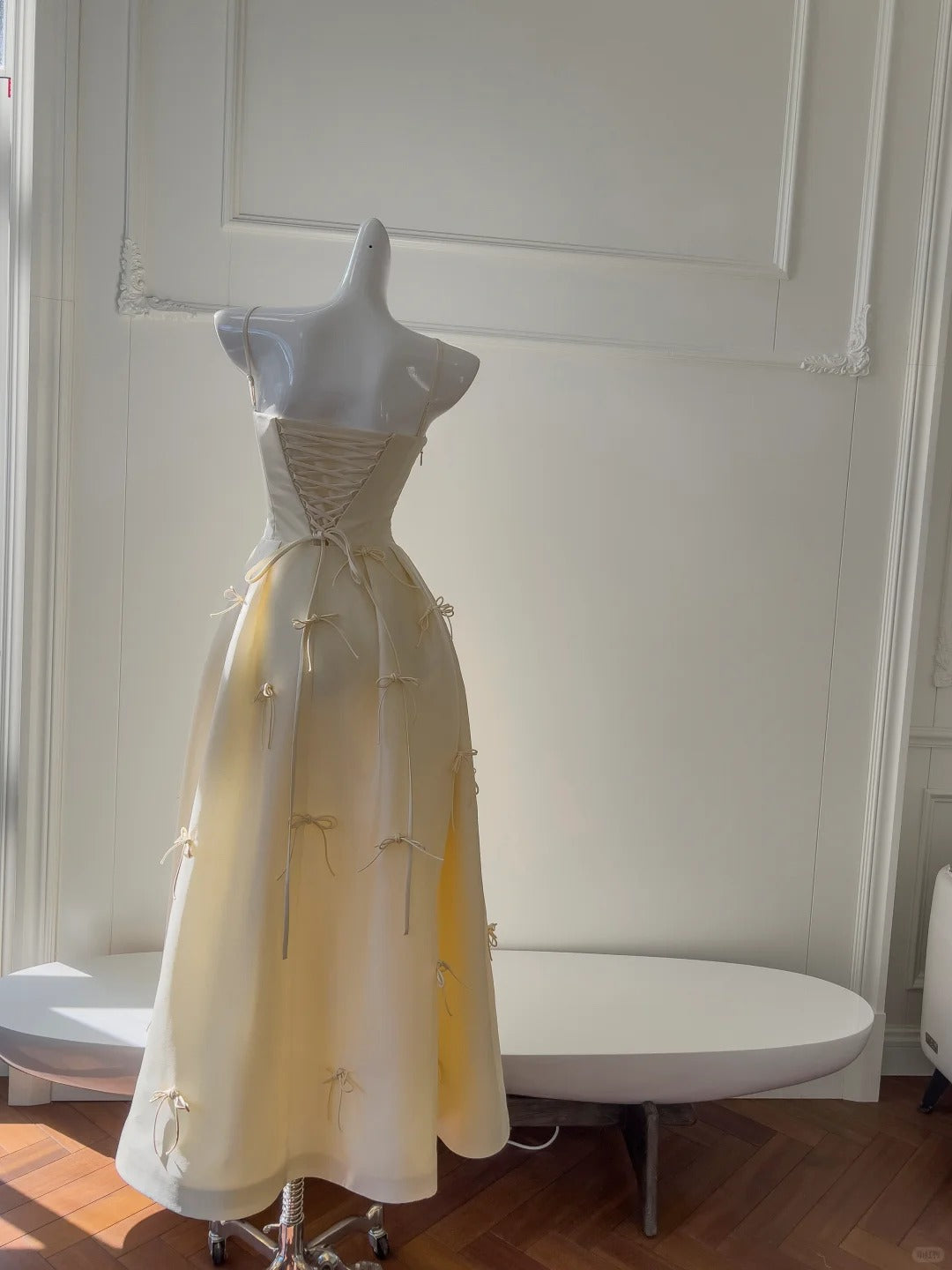 Sweet Light Yellow A-line Spaghetti Strap Bow Satin Long Prom Dress Evening Dress Bridesmaid Dress - View 3 | VelvetHem