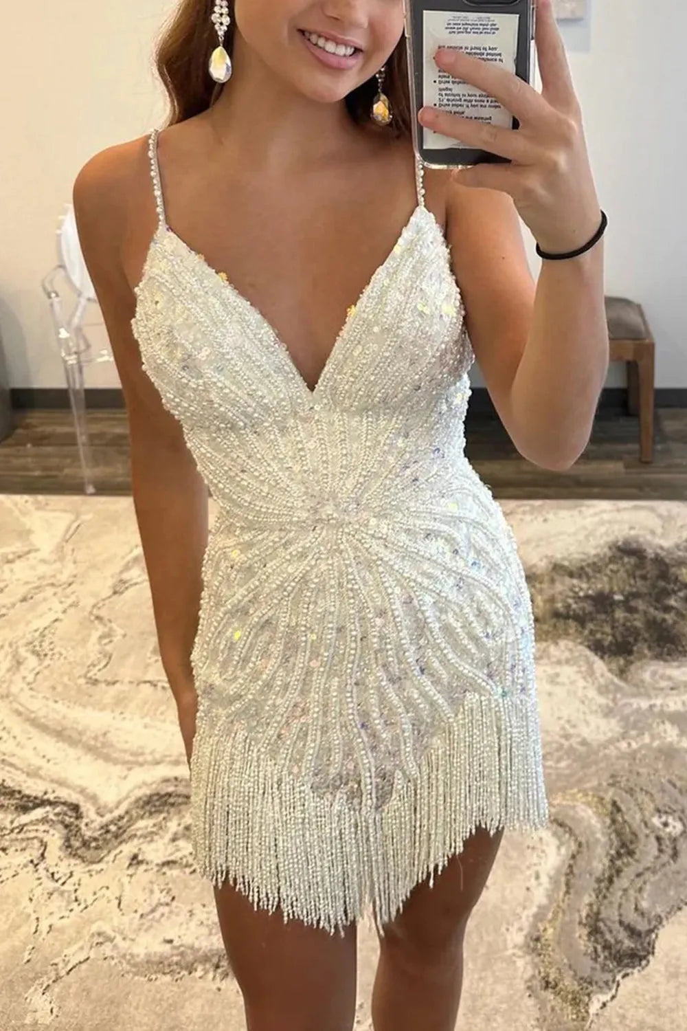 Trendy Sheath Spaghetti Straps White Sequins Short Homecoming Dress with Tassel - View 5 | VelvetHem