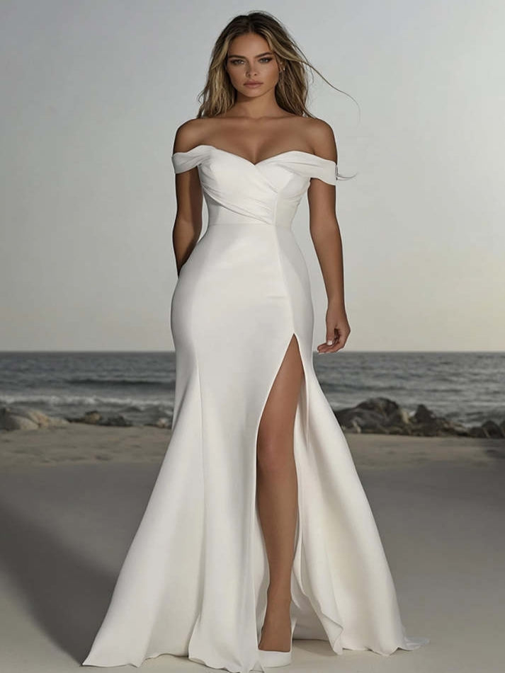 Elegant Ivory Off the Shoulder Satin Sheath Wedding Dress with Slit - VelvetHem