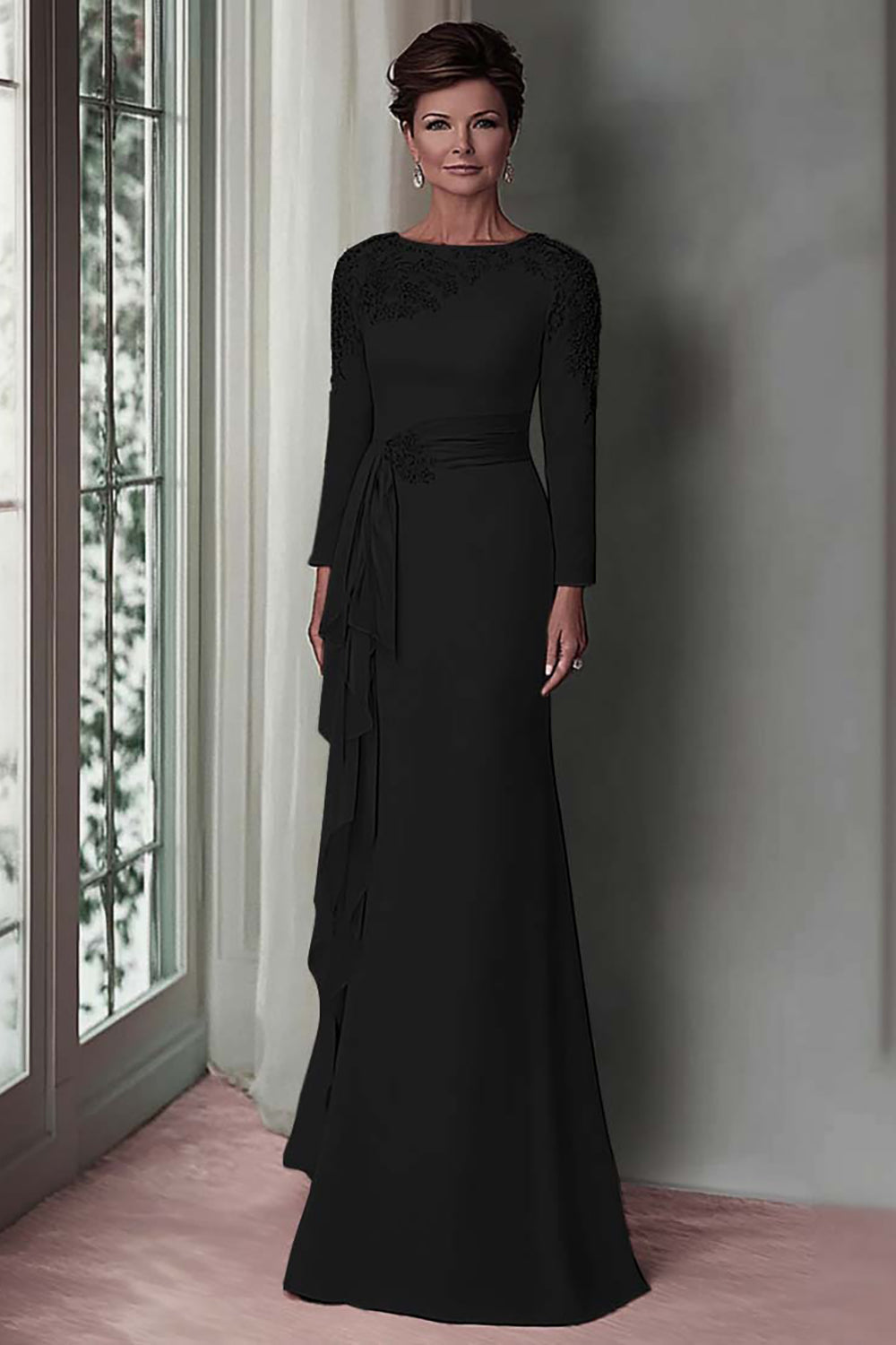 Blush Lace Sheath Mother Of The Bride Dress with Long Sleeves