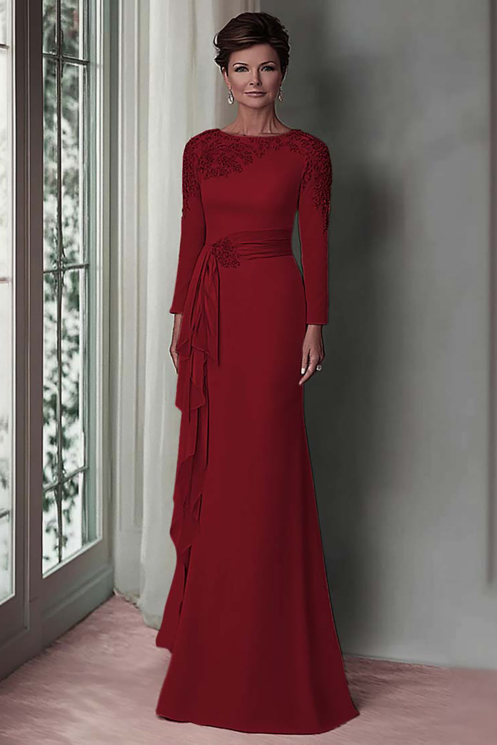 Blush Lace Sheath Mother Of The Bride Dress with Long Sleeves