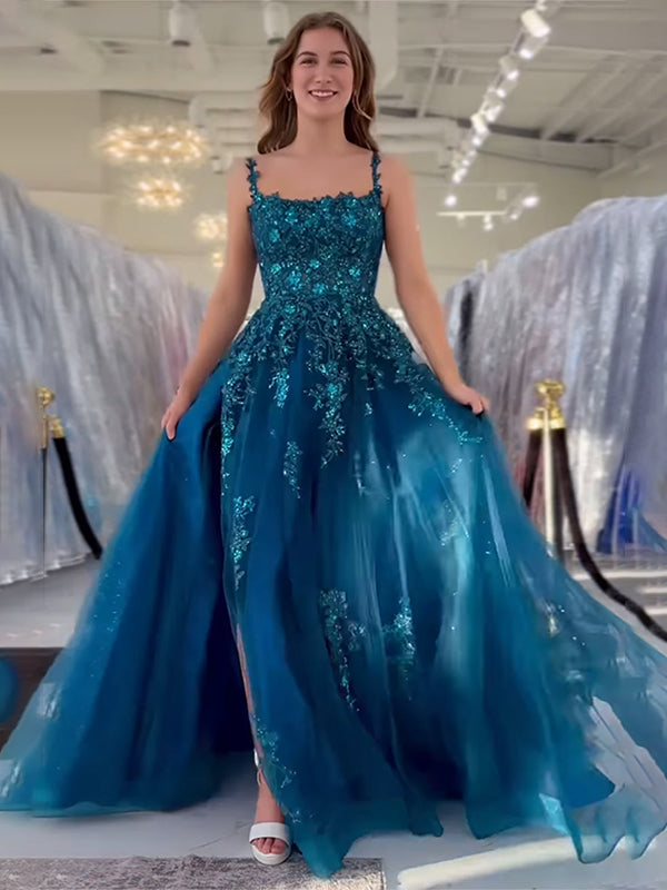 Peacock Blue A Line Slit Long Tulle Prom Dress with Appliques - VelvetHem
