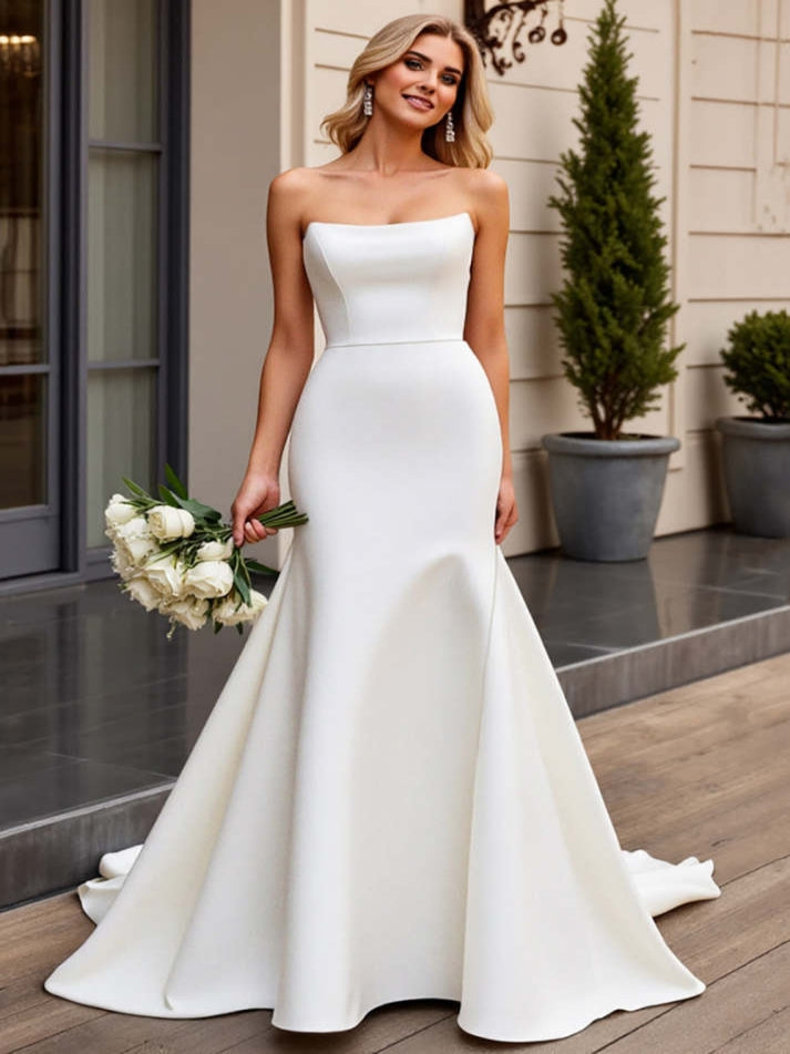 Simple Ivory Mermaid Satin Strapless Sweep Train Wedding Dress - VelvetHem