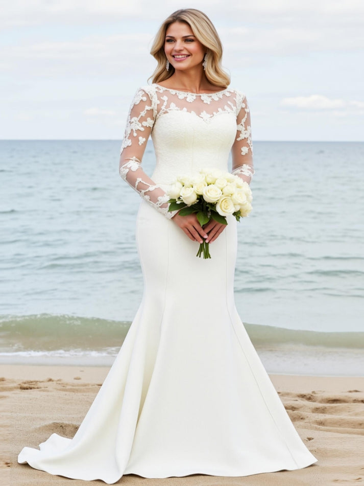 Ivory Satin Illusion Neck Mermaid Sweep Train Wedding Dress with Applique - VelvetHem