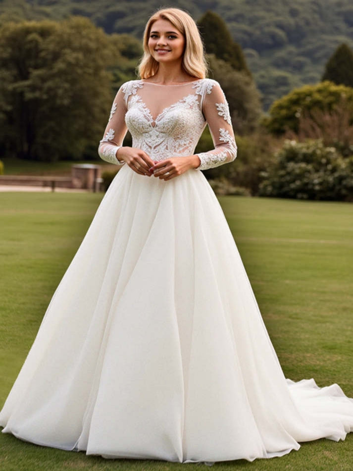 Ivory A Line Boat Neck Long Sleeves Sweep Train Wedding Dress with Lace - VelvetHem