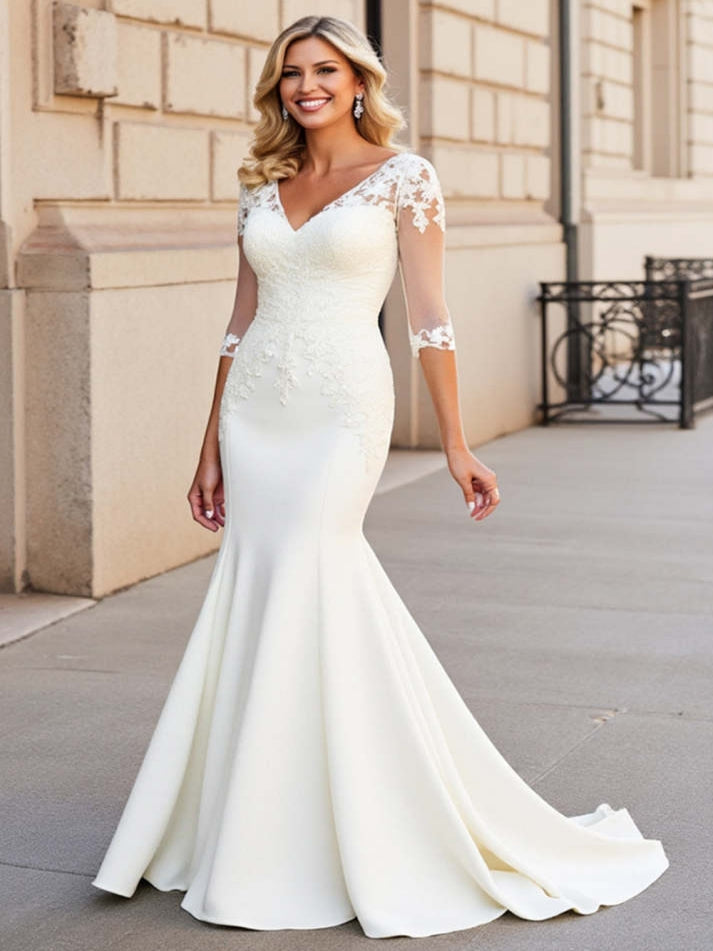 Ivory Satin Half Sleeves Sweep Train Mermaid Wedding Dress with Lace - VelvetHem