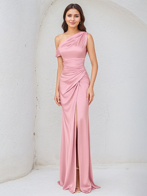 Pink Sheath Satin One-Shoulder Sleeveless Long Pleated Bridesmaid Dress - VelvetHem