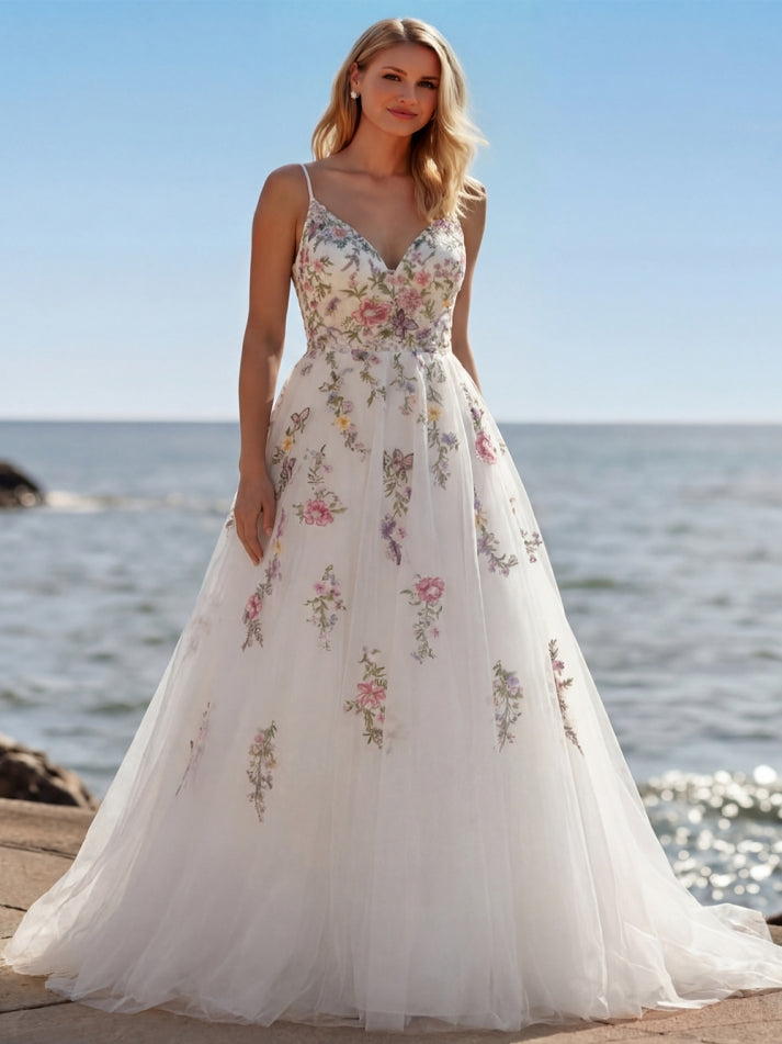 Floral A Line White V-Neck Sweep Train Tulle Wedding Dress
