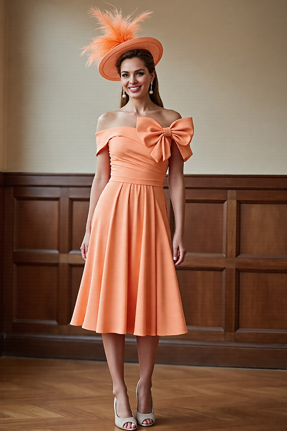 Sunset Off the Shoulder Midi Mother of the Bride Dress with Bow