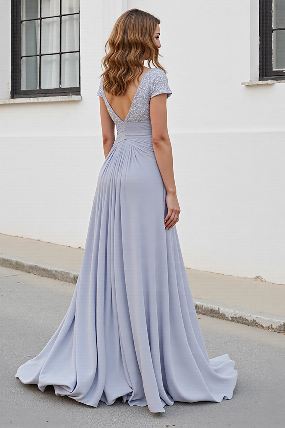 Silver V Neck Ruched A Line Mother Of The Bride Dress