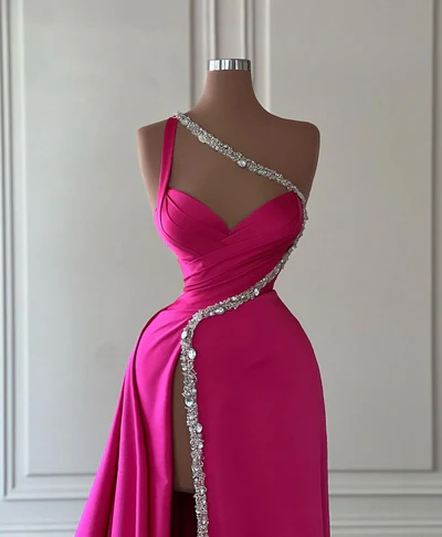 Gorgeous Hot Pink Pleated Satin Prom Party Dress Slit Evening Dress - View 2 | VelvetHem