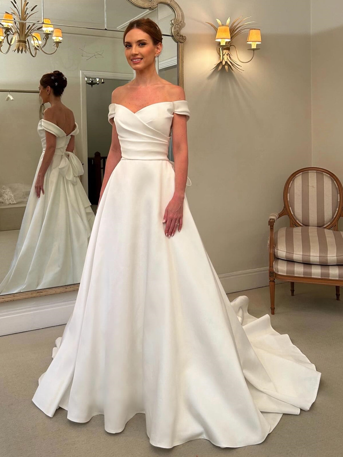 Simple A-Line Bow Off the Shoulder Satin Wedding Gown - VelvetHem