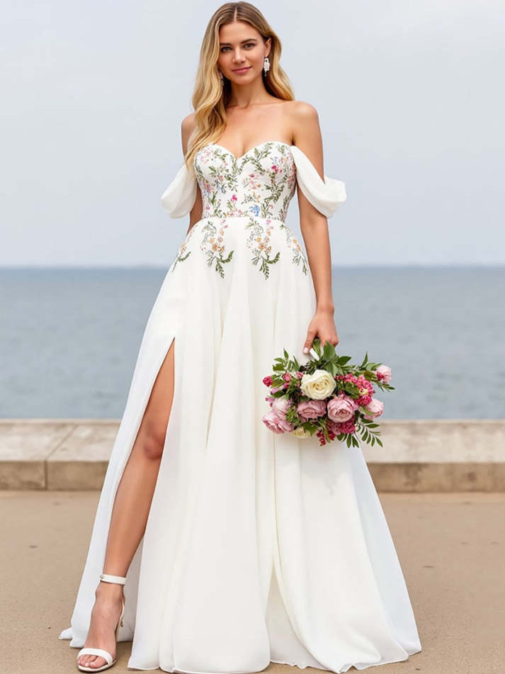 Ivory A Line Floral Sweep Train Chiffon Wedding Dress with Slit - VelvetHem