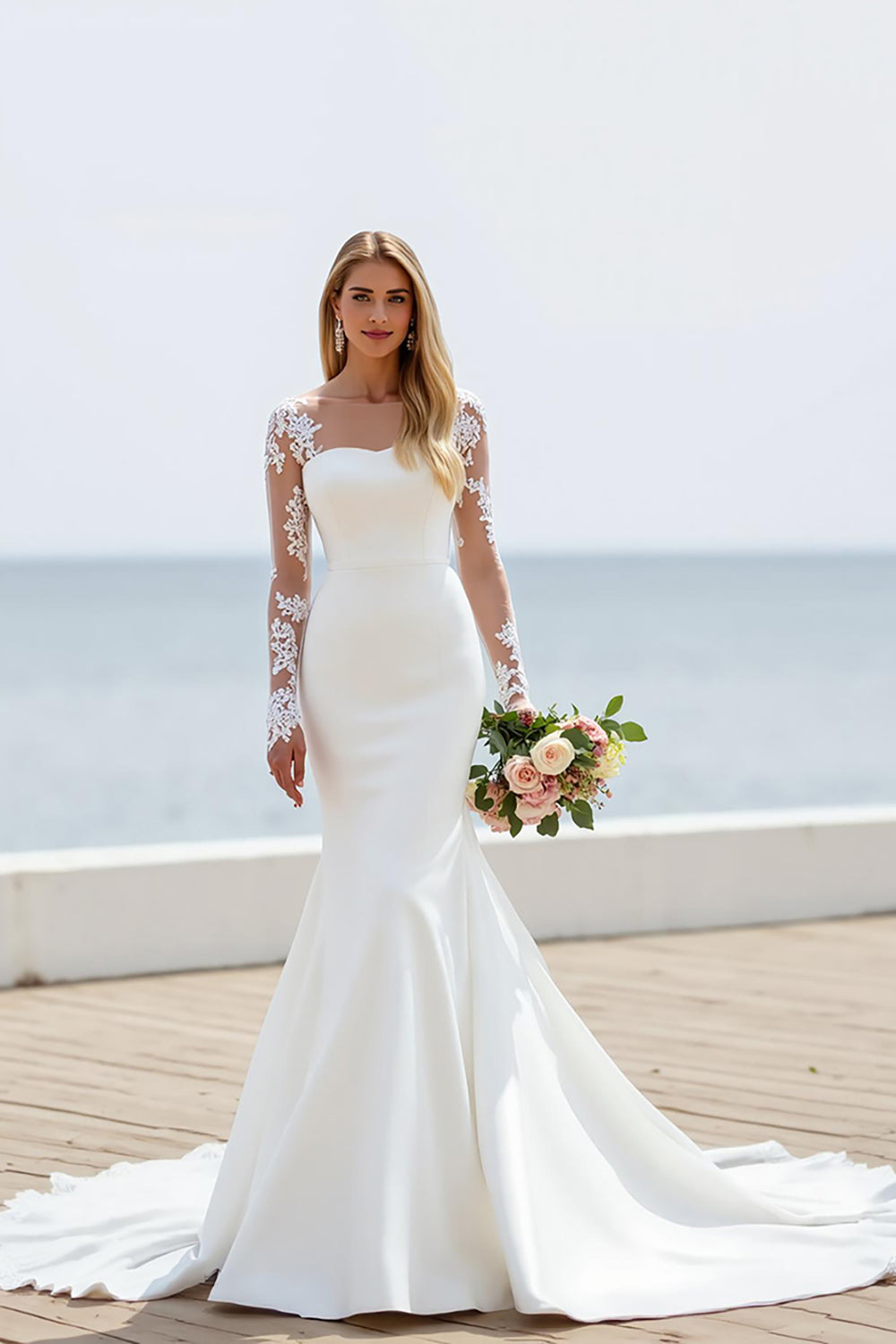 Ivory Satin Mermaid Illusion Neck Chapel Train Wedding Dress with Lace Appliques