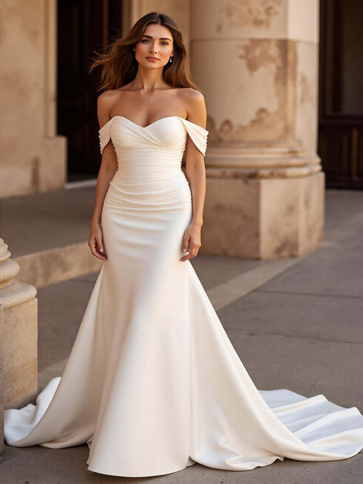 Elegant Ivory Off the Shoulder Mermaid Satin Sweep Train Wedding Dress - VelvetHem