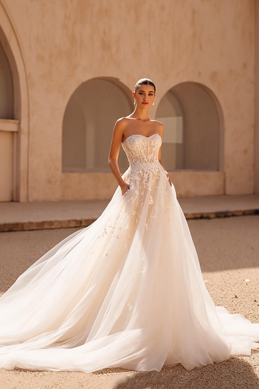 Ivory Tulle A Line Strapless Chapel Train Wedding Dress