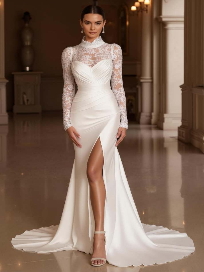 Mermaid Satin High Neck Ivory Sweep Train Vintage Wedding Dress with Slit