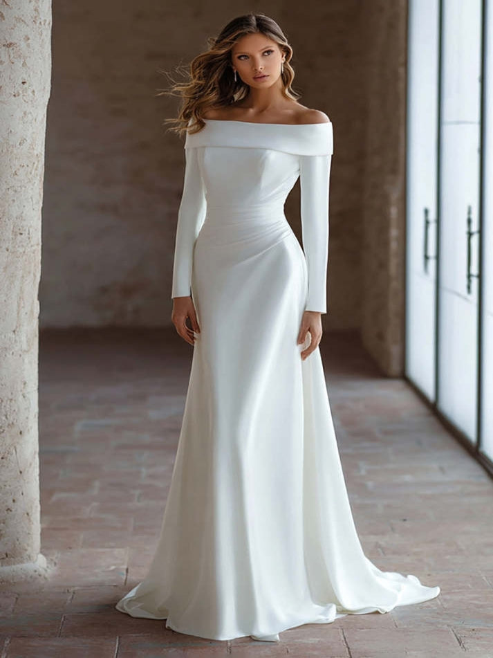 Ivory Satin Sweep Train Ruched Off the Shoulder Wedding Dress with Sleeves - VelvetHem
