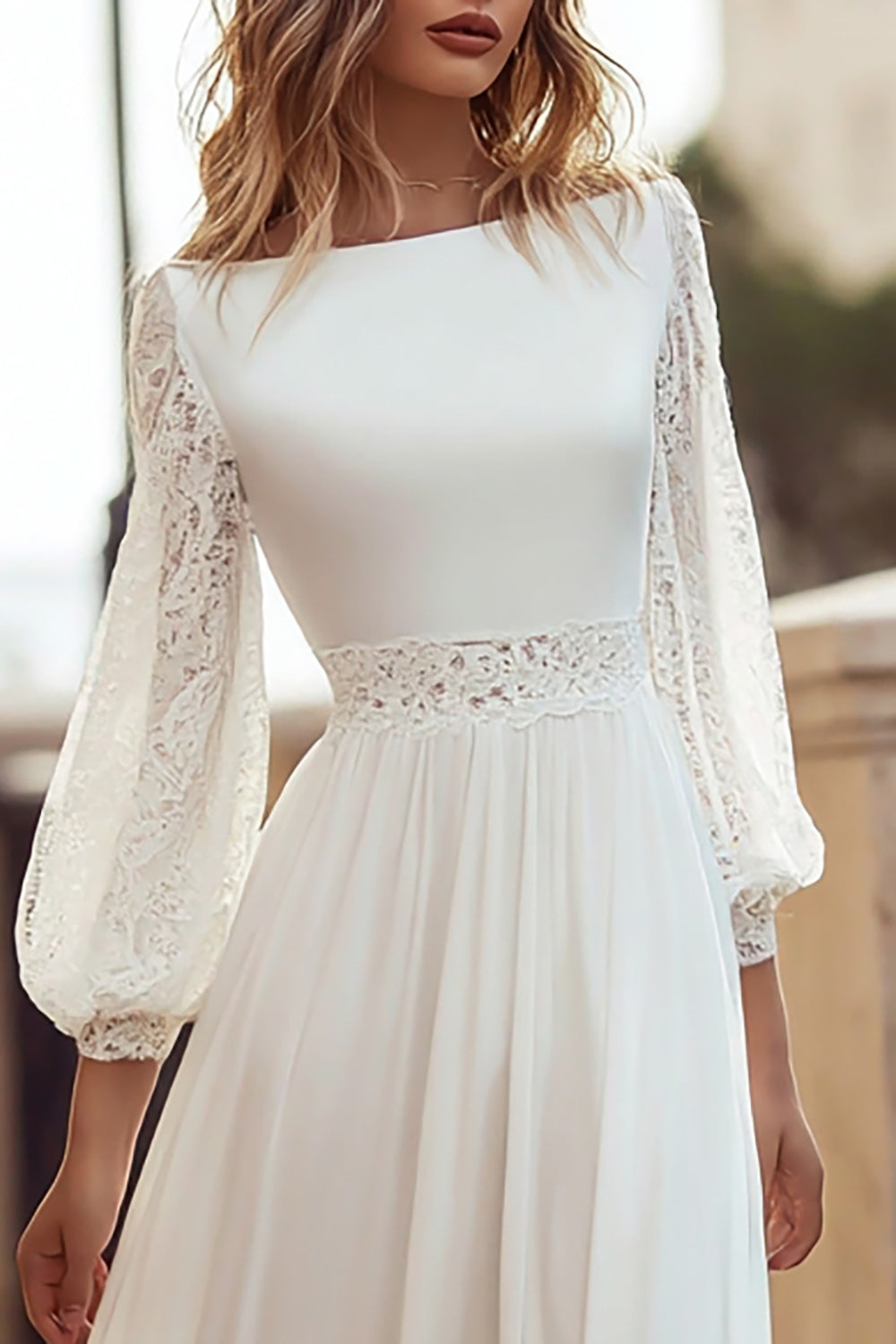 Ivory Long Sleeve A Line Lace Wedding Dress with Slit