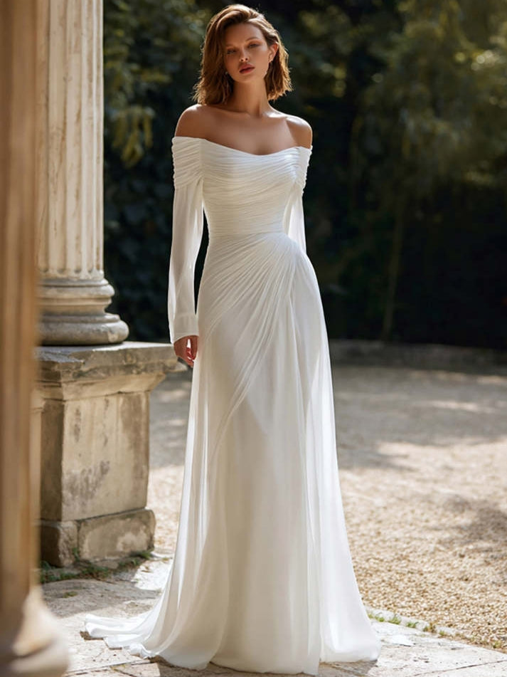 Ivory Sheath Chiffon Ruched Sweep Train Off the Shoulder Wedding Dress - VelvetHem