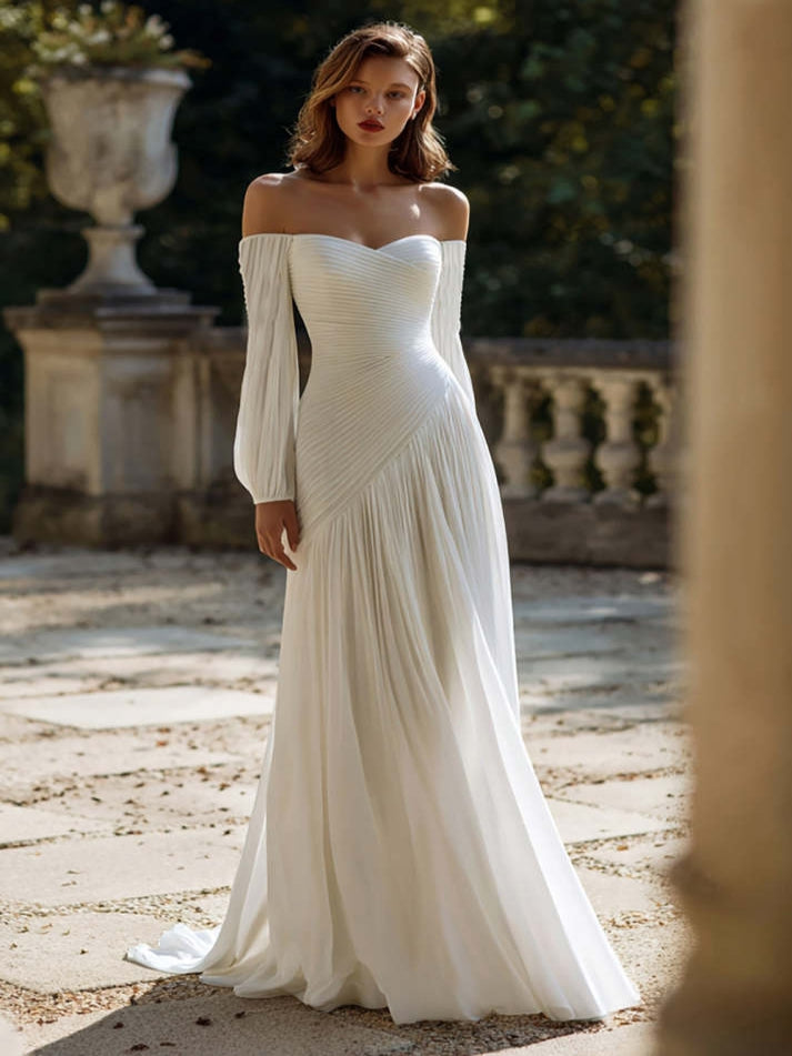 Simple Ivory Chiffon Sweep Train Ruched Wedding Dress with Sleeves - VelvetHem