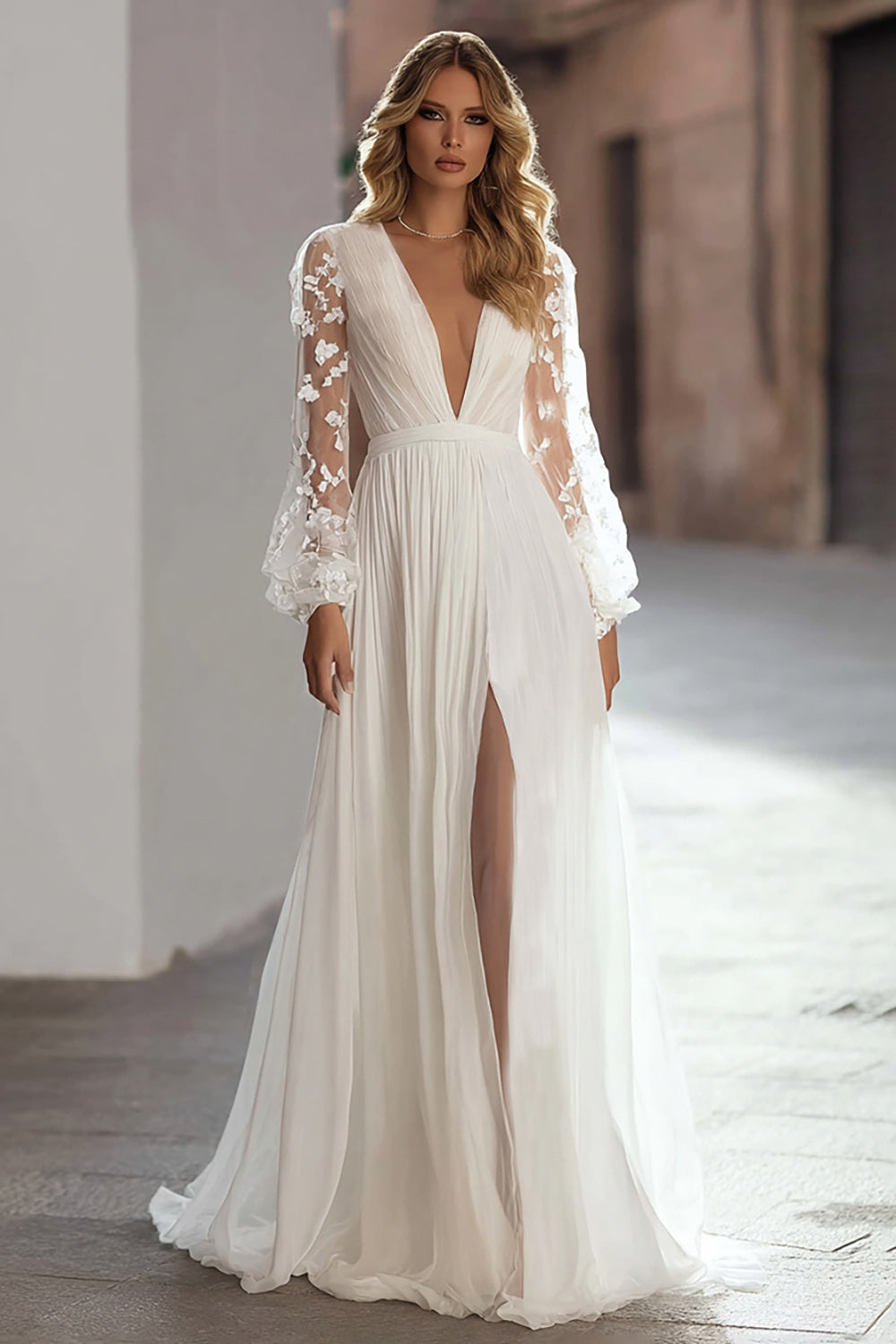 Ivory Pleated Long Sleeve A Line Wedding Dress