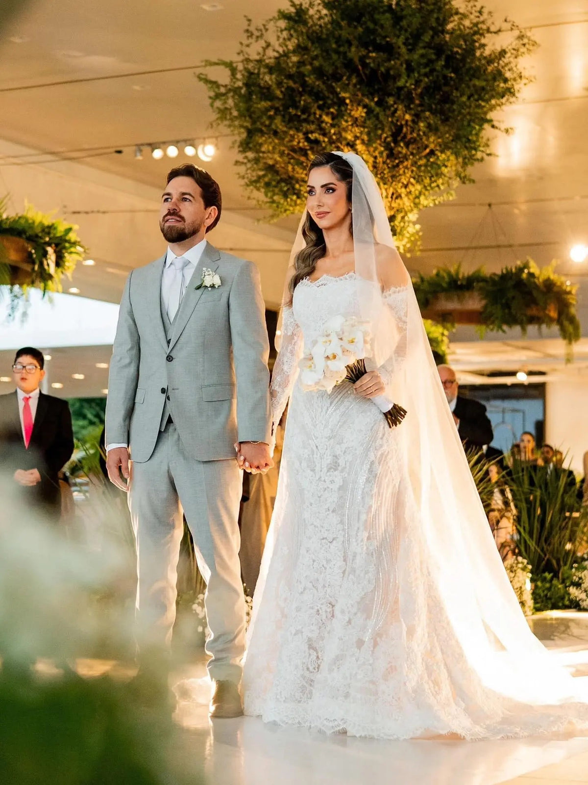 White Beaded Lace Bridal Gown with Off Shoulder Long Sleeves ZP203