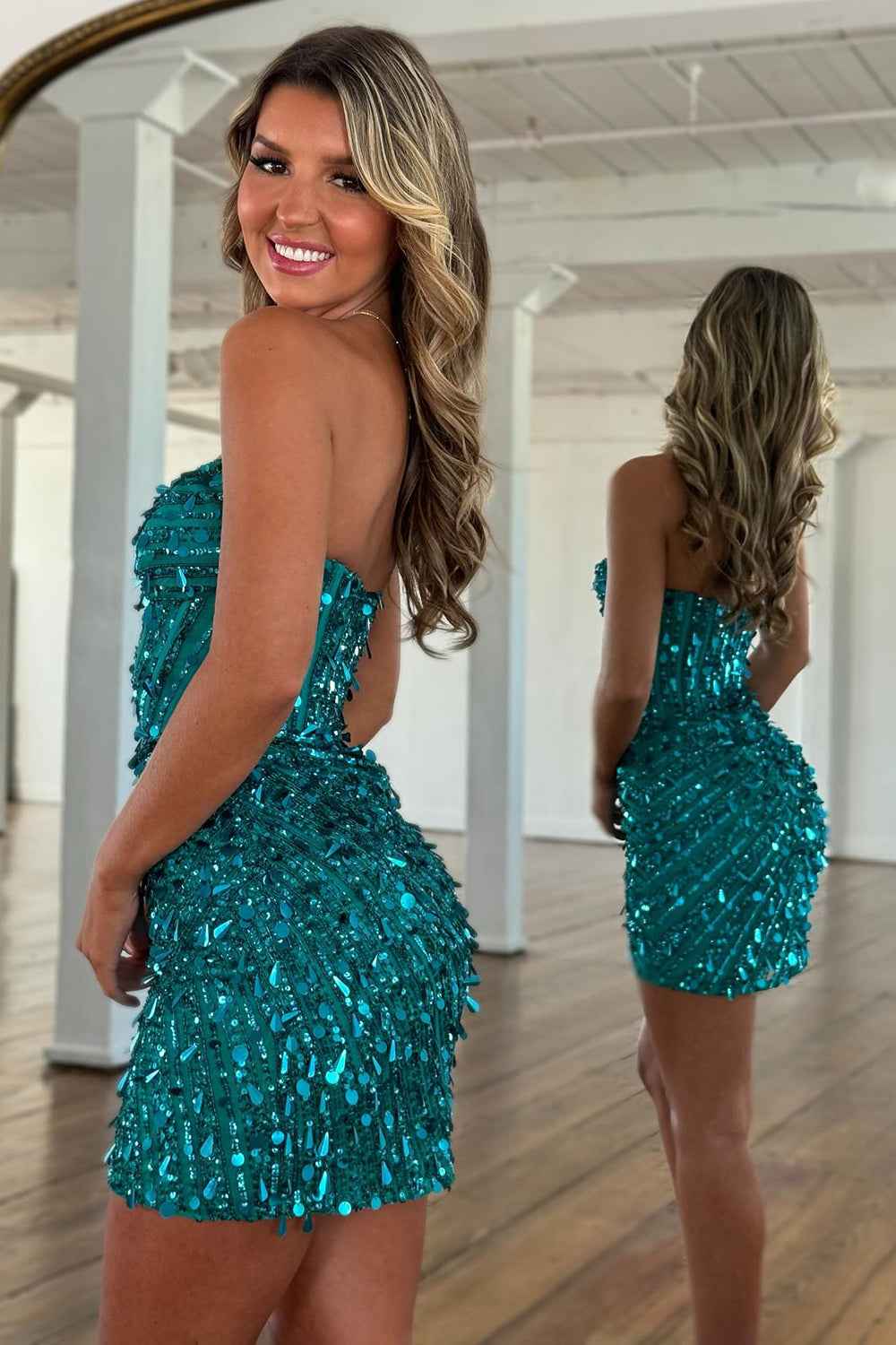 Sparkly Gold Mermaid Sequins Sweetheart Long Corset Prom Dress with Slit (ZD17394)