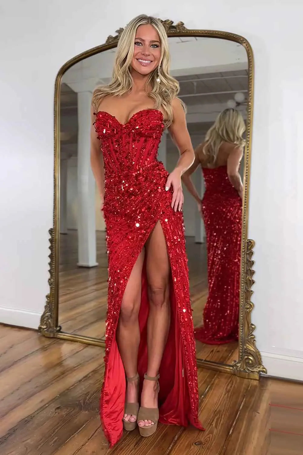 Sparkly Gold Fully Beaded Prom Dress with Deep V Neck Slit and Open Back (ZD17393)
