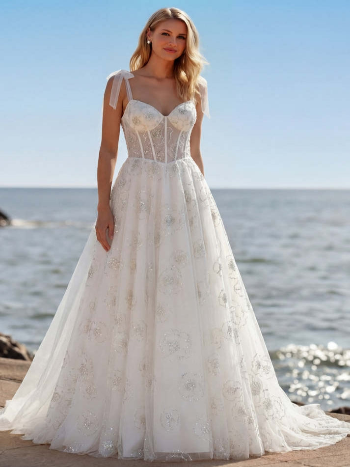 Ball gown White Sparkly Beaded Corset Floral Maxi Wedding Dress - VelvetHem