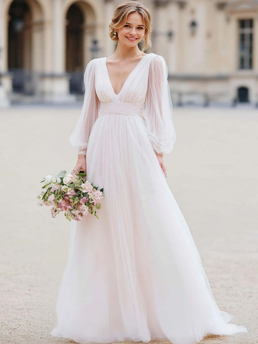 White Tulle V-Neck A Line Floor-Length Wedding Dress with Sleeves