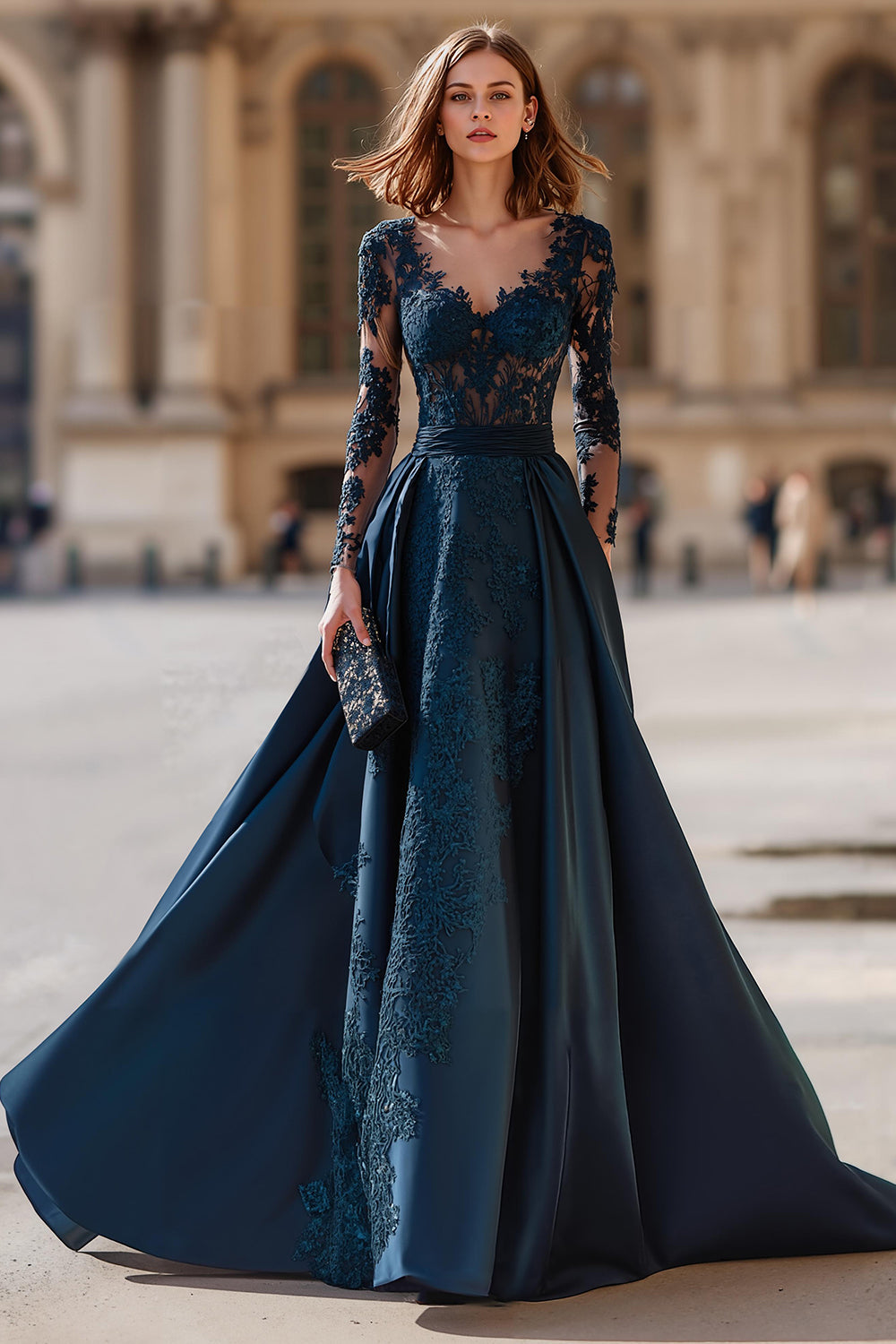 Navy V-Neck Long Sleeves A-Line Long Mother of the Bride Dress with Lace
