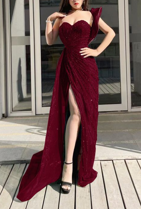 Emerald Green Sweetheart One-Shoulder Sequins Beading Evening Dress Mermaid Prom Dress With Split - View 5 | VelvetHem