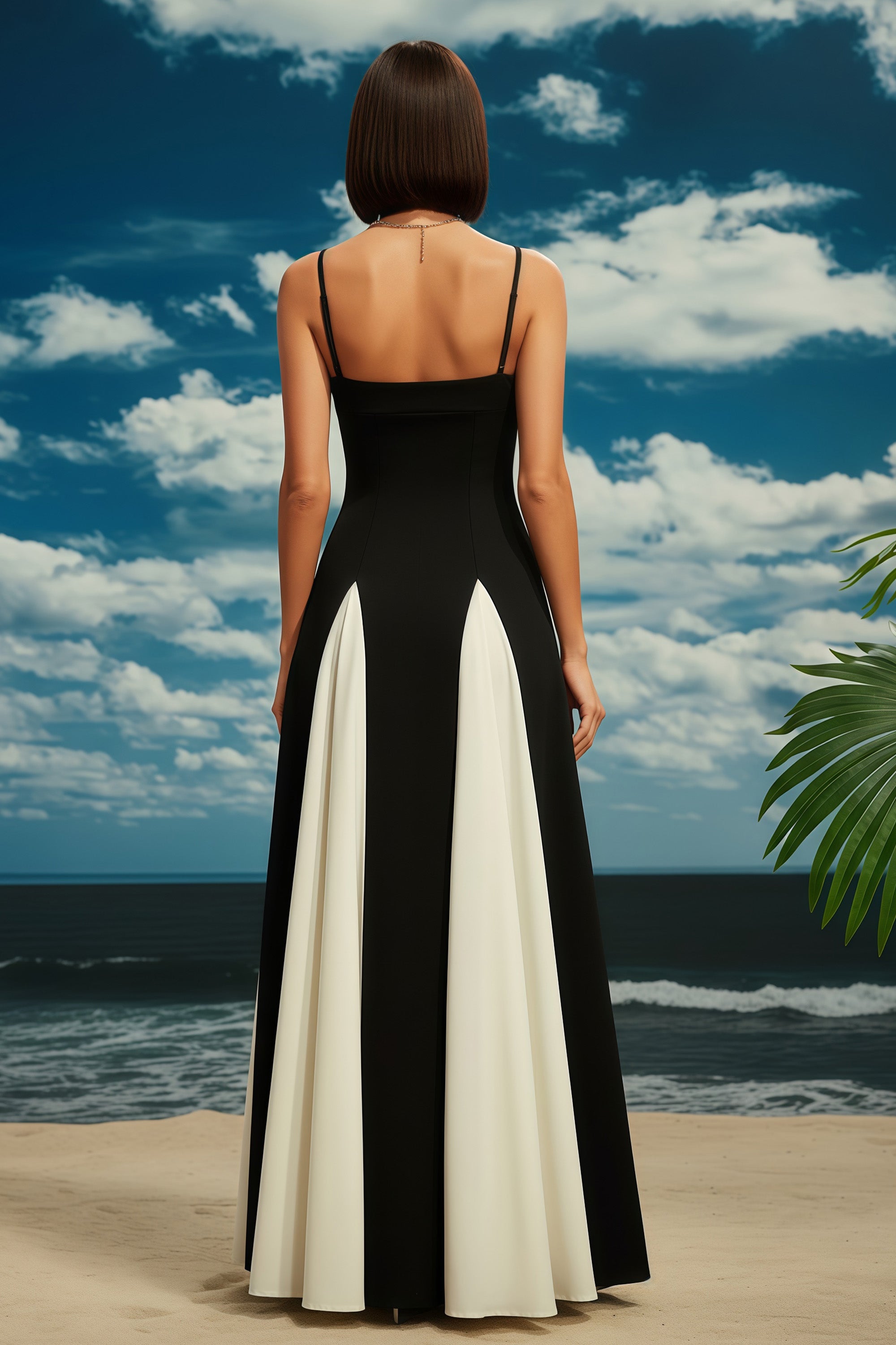Elegant Spaghetti Strap Maxi Dress with Contrast Panel Skirt