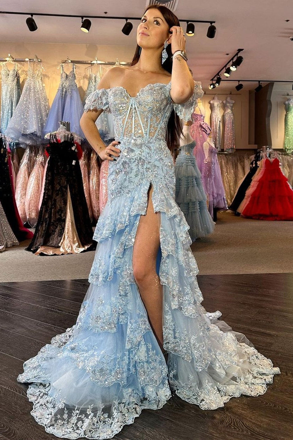 Ornate Off Shoulder A-Line Lace Appliques Tulle Sequins Prom Evening Dress