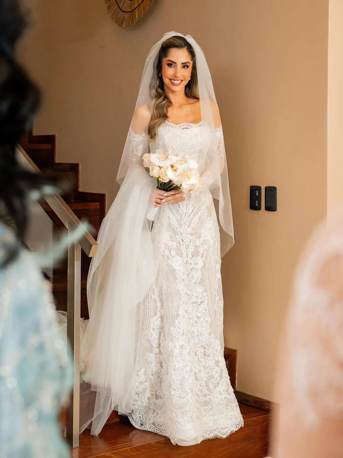 White Beaded Lace Bridal Gown with Off Shoulder Long Sleeves ZP203