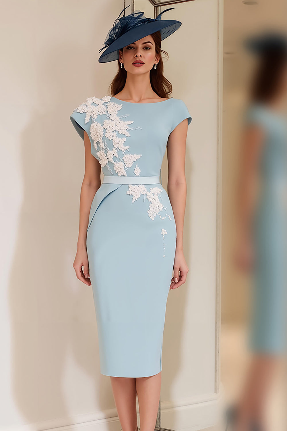 Light Blue Floral Boat Neck Bodycon Midi Mother of the Bride Dress with Slit
