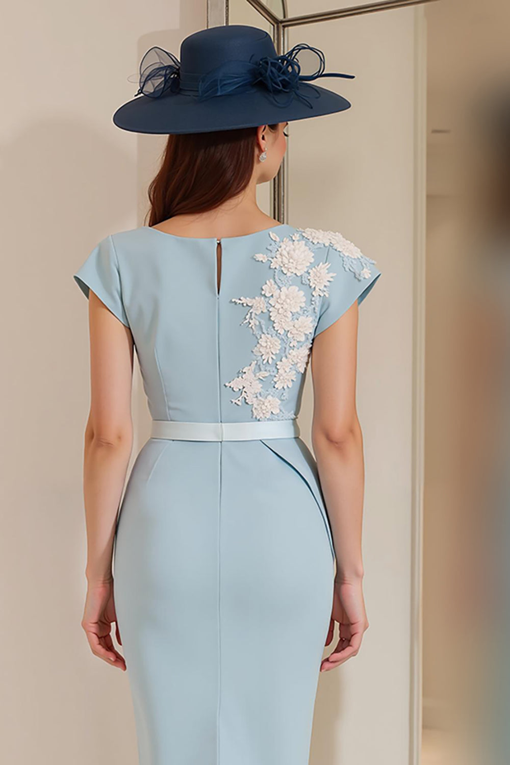 Light Blue Floral Boat Neck Bodycon Midi Mother of the Bride Dress with Slit