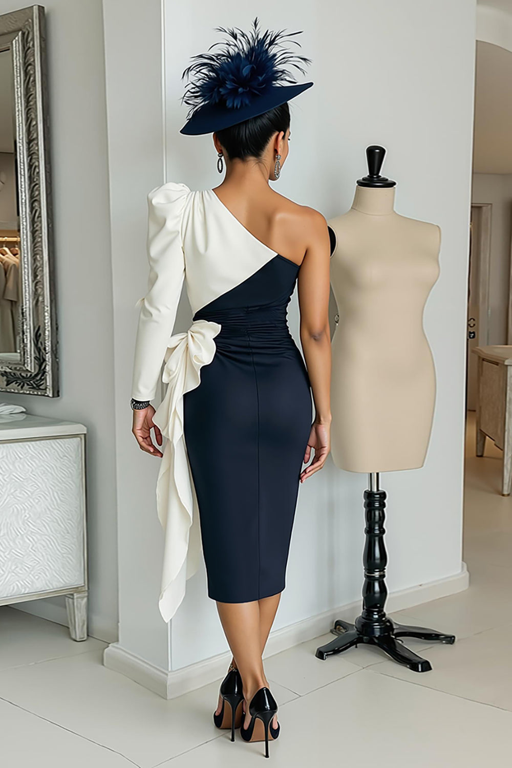 Black and White One Shoulder Midi Mother of the Bride Dress with Sleeves