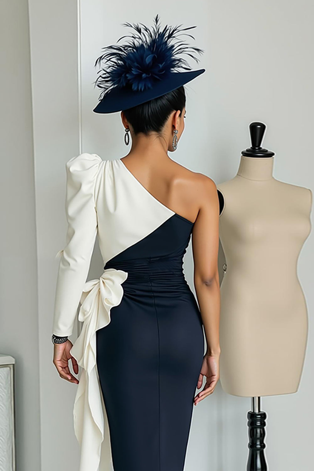 Black and White One Shoulder Midi Mother of the Bride Dress with Sleeves