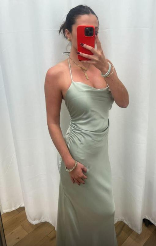 Sage Green Halter-Neck Satin Evening Dress Sheath Long Prom Dress Y8457 - VelvetHem