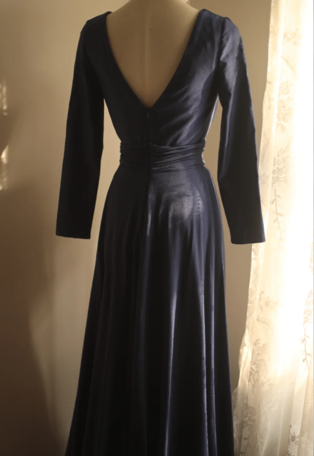 Elegant V Neck Navy Blue Satin Mermaid Long Wedding Guest Dress Formal Birthday Evening Dress - View 6 | VelvetHem