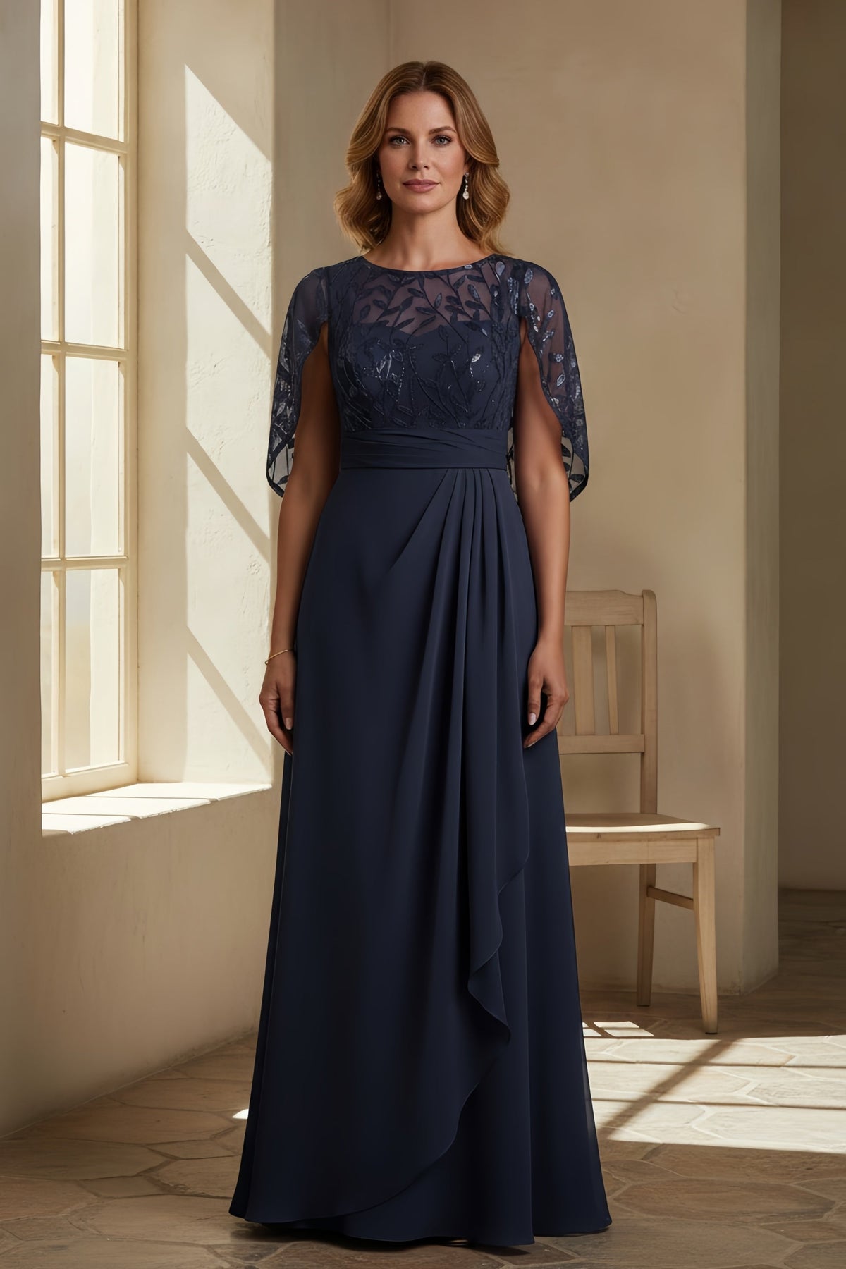 Elegant Embroidered Capelet Overlay Evening Gown with Ruched Waist - VelvetHem