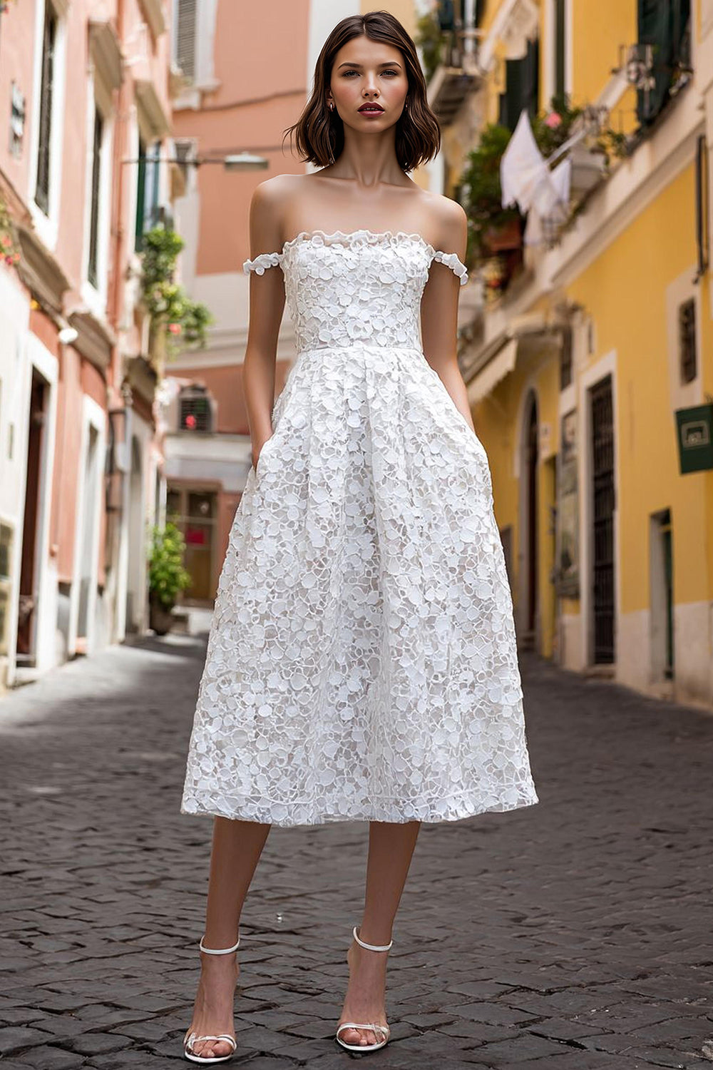 Lace Off the Shoulder White A Line Midi Wedding Dress