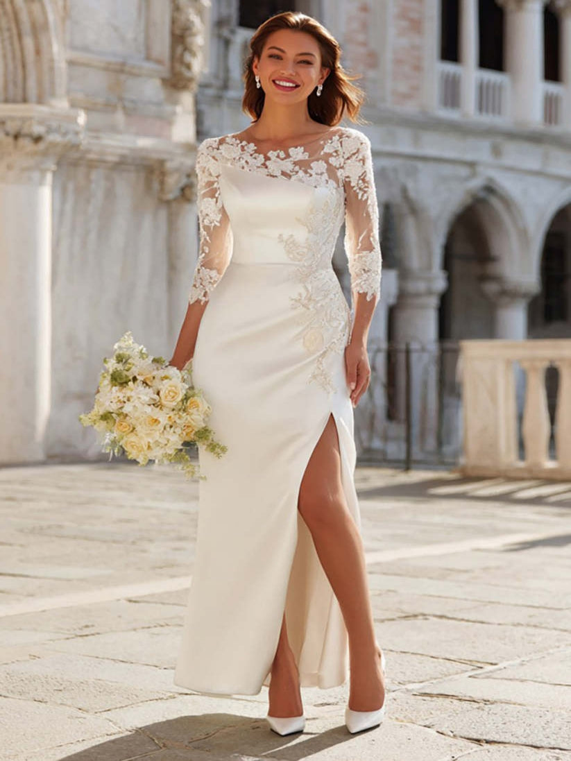 Ivory Sheath Appliqued Maxi Satin Wedding Dress with Slit