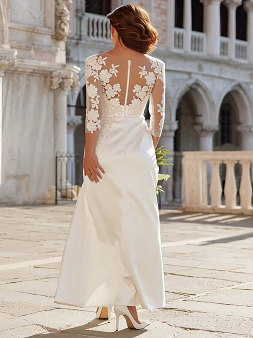 Ivory Sheath Appliqued Maxi Satin Wedding Dress with Slit